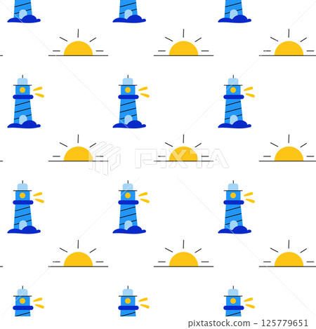 Seamless pattern with lighthouse and sun Seamless pattern with lighthouse and sun 125779651