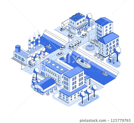 Water canal in the city - vector isometric illustration Water canal in the city - vector isometric illustration 125779765