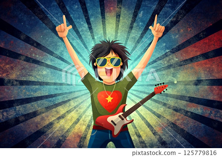 Rock n roll musician guitarist under spotlights 125779816