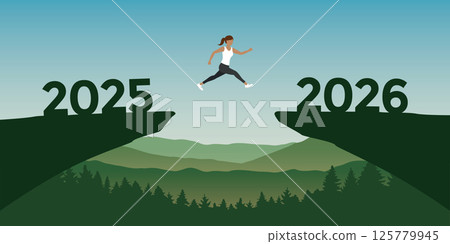 woman jumping over a cliff from 2025 to 2026 vector ilustration woman jumping over a cliff from 2025 to 2026 vector ilustration 125779945