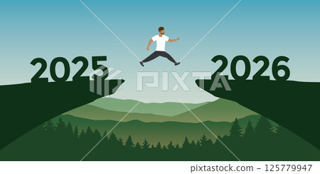 man jumping over a cliff from 2025 to 2026 vector ilustration 125779947