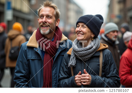 Couple Enjoying a Winter Day While Exploring a Busy Street Filled With Cheerful People 125780107