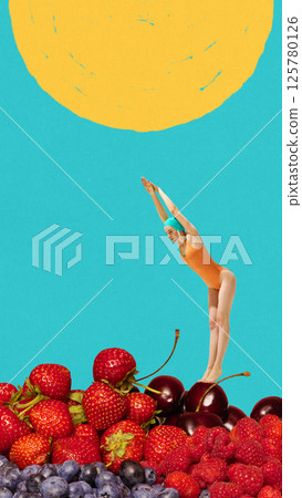 Young woman in orange swimsuit dives from top of berries under abstract yellow sun with turquoise background. Contemporary art collage. 125780126