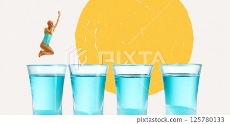 Young woman in swimsuit jumping over row of blue liquid shot glasses against abstract background. Contemporary art collage Young woman in swimsuit jumping over row of blue liquid shot glasses against abstract background. Contemporary art collage 125780133