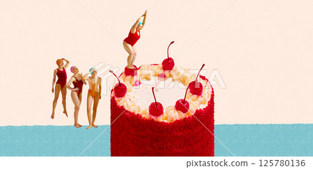 Women in colorful retro swimsuits standing next to giant cherry cake and diving inside against pastel background. Party. 125780136