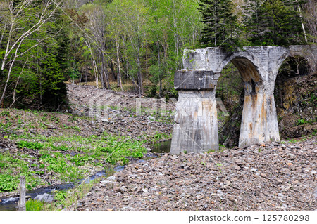 The remains of the Shihoro Line's Fourth Otofuke River Bridge spanning the Otofuke River, Kamishihoro Town, Hokkaido [May] 125780298