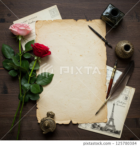 Antique classical letter paper with roses and quill pen 125780384