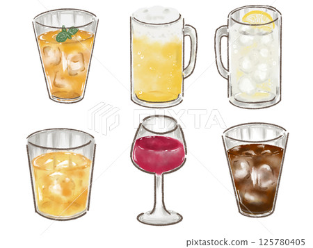 一組酒類、雞尾酒和玻璃杯飲料的插圖 一組酒類、雞尾酒和玻璃杯飲料的插圖 125780405