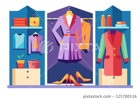 Women dressing room with various wardrobes with shoes, clothes 125780516