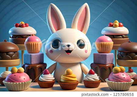 Nice children pink rabbit bunny with sweets, cakes, pastries 125780658