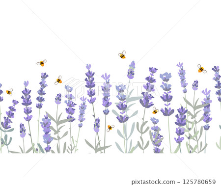Lavender flowers and honey bees border seamless pattern. Hand drawn vector illustration. 125780659