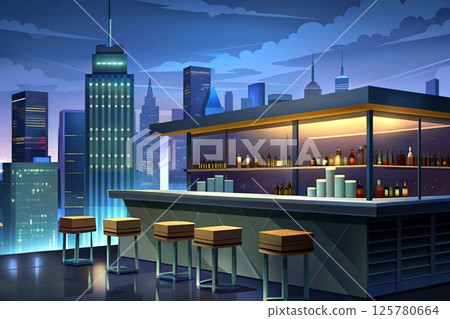 Night bar cafe on the roof of a skyscraper in the open air 125780664