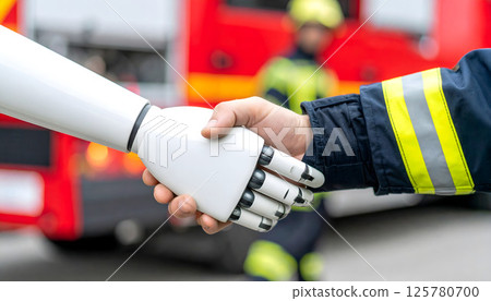 機器人和消防員在消防車前握手 125780700