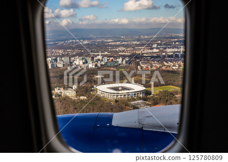 Aerial view of Waldstadion, home stadium of the football club Eintracht Frankfurt, Germany 125780809
