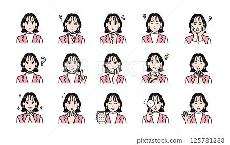 Stylish young business person facial expression illustration set 125781288