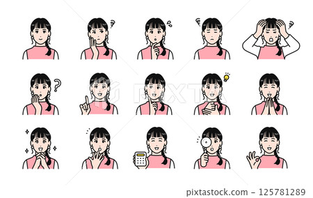 時尚工作的年輕女性面部表情插圖集 125781289