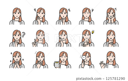 Facial expression illustration set of a working young woman in a suit Facial expression illustration set of a working young woman in a suit 125781290