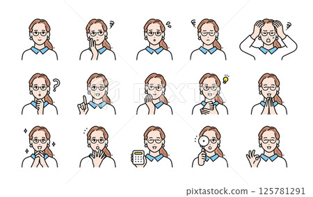 戴眼鏡的時尚年輕女子的臉部表情插圖集 125781291