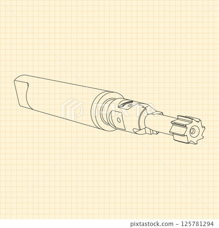 Mechanical engineering drawings. Tap tools, borer. Technical Design. Cover. Blueprint. Step Cutting Tool with Countersinking Function. Technical 3D Vector Illustration 125781294