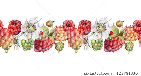 Raspberry ripe garden berries, flowers in water dew drops hand drawn in watercolor. Seamless isolated banner garland. Home preserves, textile washi tape, food store decor, recipe book, dessert menu 125781330
