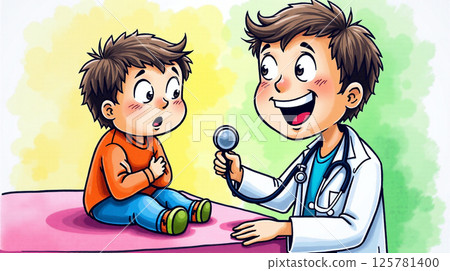A child sits anxiously on an exam table, hands crossed, while a friendly doctor smiles and holds a stethoscope. The colorful background adds a playful touch to the scene. A child sits anxiously on an exam table, hands crossed, while a friendly doctor smiles and holds a stethoscope. The colorful background adds a playful touch to the scene. 125781400