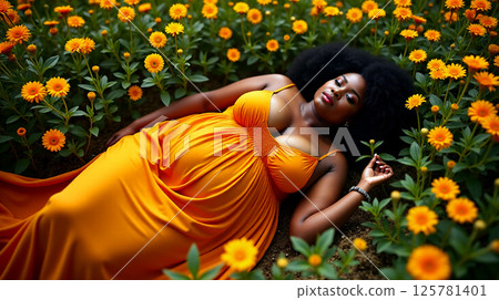 A curvy woman reclines peacefully in a field of blooming flowers, dressed in a flowing gown. She enjoys the warmth of the sun and the beauty of nature surrounding her. A curvy woman reclines peacefully in a field of blooming flowers, dressed in a flowing gown. She enjoys the warmth of the sun and the beauty of nature surrounding her. 125781401