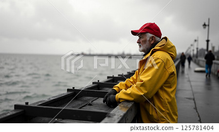 An elderly fisherman stands on a gray dock, gazing out at the peaceful waters. Dressed in a yellow slicker and bright red cap, he reflects the quiet solitude of the day. 125781404