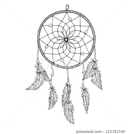 Vector illustration of a hand drawn dreamcatcher with feathers and beads in monochrome sketch style. Suitable for print design, tattoo, boho projects, logos, stationery, packaging and decorations. 125781599