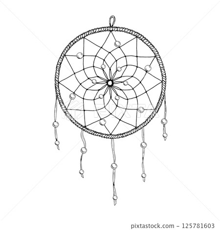 Vector illustration of a hand drawn dreamcatcher in black and white. Circular ring with rope texture, central bead pattern and hanging threads with beads. Perfect for tattoos, logos, crafts, packaging Vector illustration of a hand drawn dreamcatcher in black and white. Circular ring with rope texture, central bead pattern and hanging threads with beads. Perfect for tattoos, logos, crafts, packaging 125781603