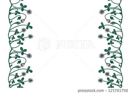Botanical vertical floral border isolated on white background. Hand drawn doodle clover plant with pink Flowers Stems green Leaves vector illustration. Graphic design element for Birthday Wedding Card 125781708