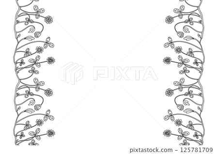 Line art botanical floral vertical border isolated on white background. Hand drawn outline doodle clover plant with Flowers Stems Leaves vector illustration. Graphic design doodle element for Greeting 125781709