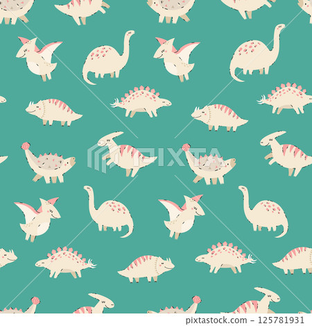 Seamless pattern with hand-drawn cute dinosaurs on green background Seamless pattern with hand-drawn cute dinosaurs on green background 125781931