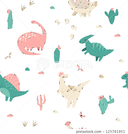 Seamless pattern with hand-drawn cute dinosaurs, cacti, and butterflies in soft pastel colors. Seamless pattern with hand-drawn cute dinosaurs, cacti, and butterflies in soft pastel colors. 125781951