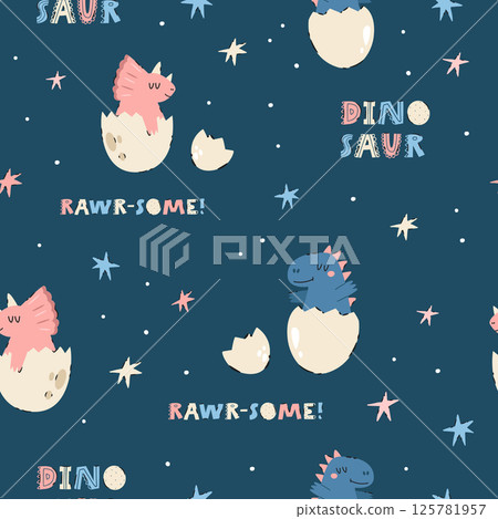 Seamless pattern with cute baby dinosaurs hatching from eggs, birthday cakes, candles, bunting, and stars in soft pastel tones. 125781957