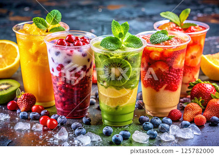 A glasses with various smoothies with fruits, berries and juice 125782000