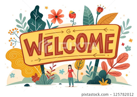 A joyful welcome sign with flowers at entrance to the park,recreation area 125782012