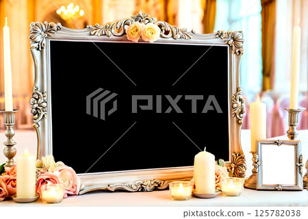 Elegant black frame for congratulation text in peach tones.candlesticks 125782038