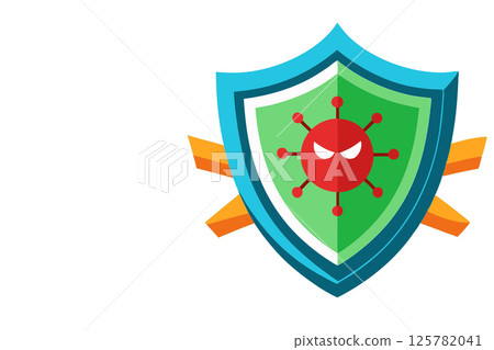 Antivirus. Red bug on an green shield on a laptop 125782041