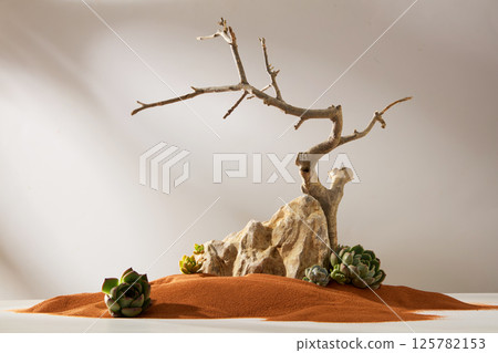 The photo has a minimalist and wild nature style, inspired by the desert with elements such as light brown boulders, small cacti scattered around, withered trees with sharp branches and dry sand. The photo has a minimalist and wild nature style, inspired by the desert with elements such as light brown boulders, small cacti scattered around, withered trees with sharp branches and dry sand. 125782153