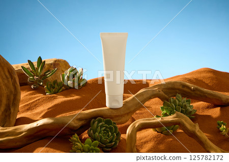 Mockup tube placed on a dead tree trunk, presented in the desert. Desert plants are scattered on the dry sand. The sand is undulating, forming sand dunes. Blue sky background with glowing horizon. 125782172