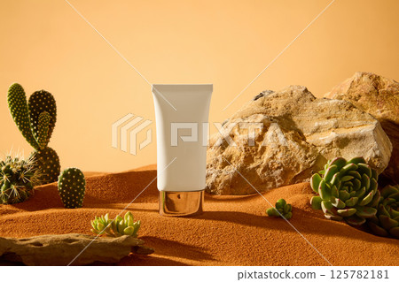 Unlabeled tube displayed on dry desert sand, surrounded by rough rocks, a few rotten logs are scattered about. Succulents grow from the cracks in the rocks, their roots digging deep into the ground. Unlabeled tube displayed on dry desert sand, surrounded by rough rocks, a few rotten logs are scattered about. Succulents grow from the cracks in the rocks, their roots digging deep into the ground. 125782181