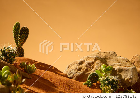 Close-up of a desert sandbank, with dry, undulating sand grains forming a sand slope. Cactus grows with sharp white spines. Several other desert plants grow lushly and cling tightly to large rocks. Close-up of a desert sandbank, with dry, undulating sand grains forming a sand slope. Cactus grows with sharp white spines. Several other desert plants grow lushly and cling tightly to large rocks. 125782182