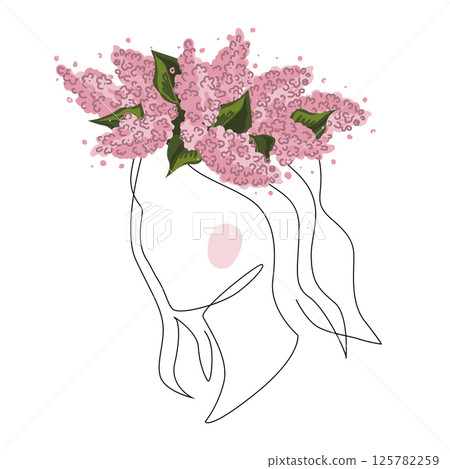 Portrait of woman in lilac flowers wreath. Continuous line drawing design element. Vector isolated illustration. 125782259