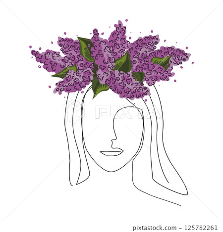 Portrait of woman in lilac flowers wreath. Continuous line drawing design element. Vector isolated illustration Portrait of woman in lilac flowers wreath. Continuous line drawing design element. Vector isolated illustration 125782261