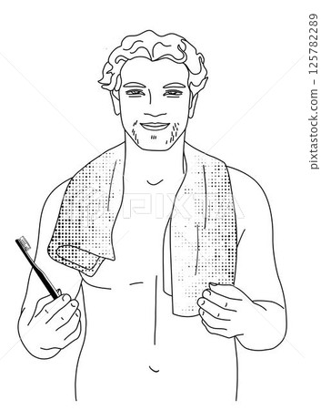 Man in bathroom with toothbrush. Black and white vector illustration 125782289