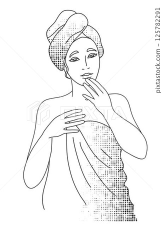 Woman with shower towel on the hair black and white vector illustration 125782291