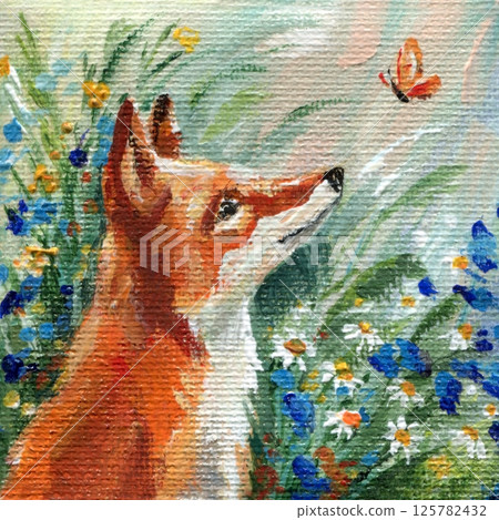Red fox looking at butterfly summer flowers acrylic painting, whimsical animal nature illustration, oil art mini canvas 125782432