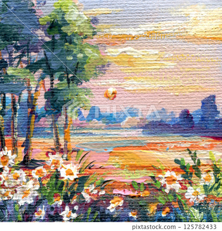 Sunset Landscape with Trees and Flowers Acrylic Painting on Canvas. Handmade creative view nature. Countryside Mini art 125782433