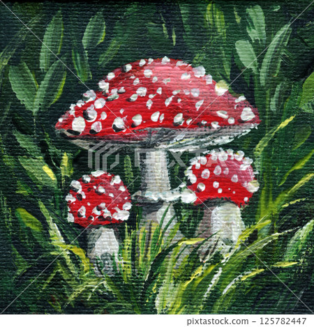 Red fly agaric mushrooms forest grass acrylic painting, fairy tale woodland illustration with green leaves mini canvas 125782447