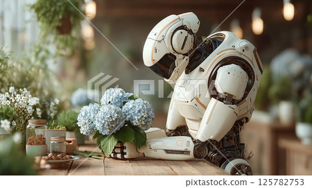 Robotic Gardener. A humanoid robot tending to a hydrangea plant 125782753